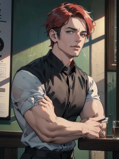 a 40 year old man ((red short hair:1.0)), grey eyes, moles all over the face, wearing an official uniform, masculinity, teacher, (best quality,4k,8k,highres,masterpiece:1.2),ultra-detailed,(realistic,photorealistic,photo-realistic:1.37),cinematic lighting,...