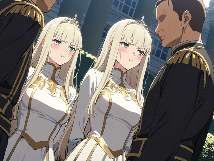 {{portrait, dutch angle}} {{Artist: Sincos}} 1 woman, 2 guards on either side restraining her, 2 men wearing armor, mature female, elegant, princess, medium breasts, straight hair, platinum blonde hair, long hair, hime cut, green eyes, white dress, gold tr...