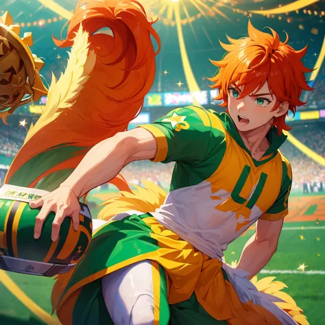 (Obra-prima, melhor qualidade: 1.2) Anime boy, with a vibrant orange hair, prancing with exuberance in a lush, green football field, wearing the star-studded uniform of his school, surrounded by cheering crowd. A shining trophy in one hand and a determined...