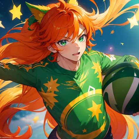 (obra-prima, melhor qualidade: 1.2) anime boy, with a vibrant orange hair, prancing with exuberance in a lush, green football fi...