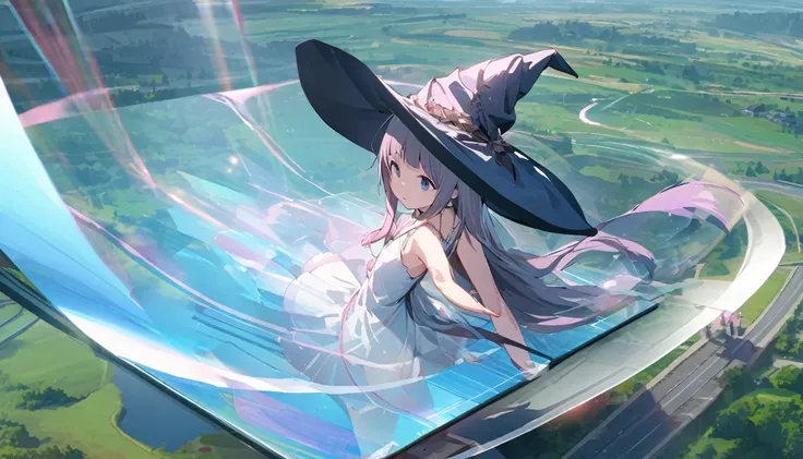 Ray Tracing, Everyone Makoto, One girl, Witch Hat, dress, clean, In the sky, flight, landscape, Sit down to clean,, masterpiece, highest quality, New,holo,1girl,Floating body, solo,loli3,best quality, ultra detailed, highres, 4k, extremely detailed CG, det...