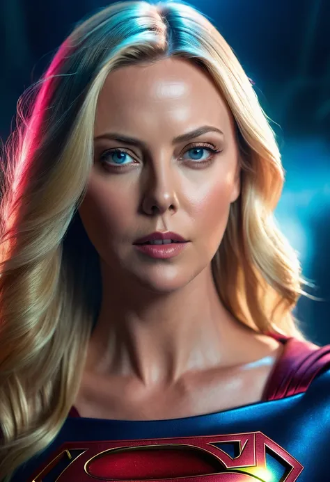 a woman with long blonde hair in a surreal cinematic portrait, Charlize Theron as Supergirl, dramatic lighting, hyper-realistic, 8k, photorealistic, vivid colors, color splash, best quality, masterpiece