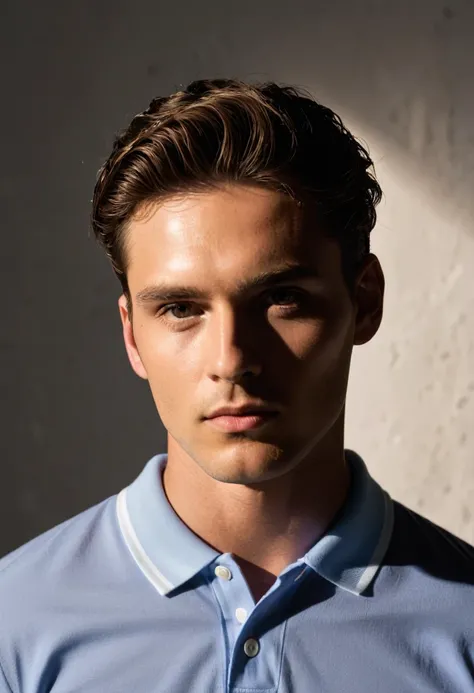 a male model, looking at the camera with a penetrating gaze, he wears a basic polo, he is in a photography studio, with low lighting in the background, but with a ray of light reflecting on the models face.