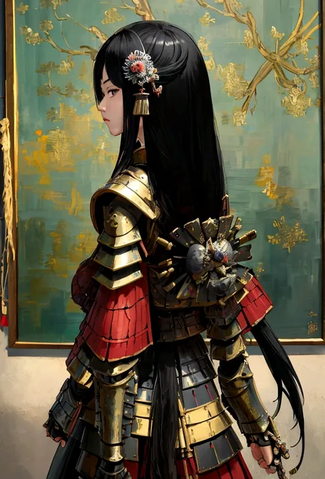 a picture of Japanese female knight, she has long black hair, wearing samurai armor, armed with a katana, ready for battle, ((shot taken from the back)), Japanese fantasy art, (Masterpiece: 1.5), 16k, highres, best quality, high details, ultra detailed, ma...