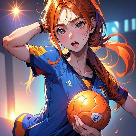 (obra-prima, melhor qualidade: 1.2) anime boy, orange hair , soccer uniform, star pupils