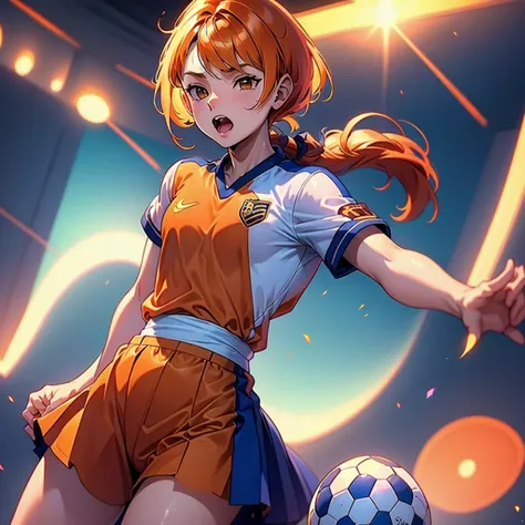 (obra-prima, melhor qualidade: 1.2) anime boy, orange hair , soccer uniform, star pupils