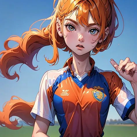 (obra-prima, melhor qualidade: 1.2) anime boy, orange hair , soccer uniform, star pupils