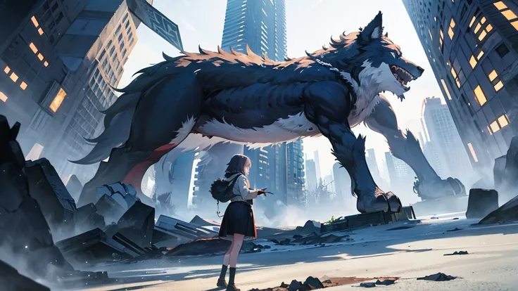 A girl with a giant wolf monster,A Broken World,Collapse,force,Big cities