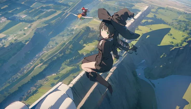 Ray Tracing, Everyone Makoto, One girl, Witch Hat, dress, clean, In the sky, flight, landscape, Sit down to clean,, masterpiece, highest quality, New,