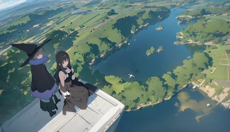 Ray Tracing, Everyone Makoto, One girl, Witch Hat, dress, clean, In the sky, flight, landscape, Sit down to clean,, masterpiece, highest quality, New,