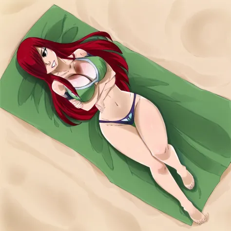 Erza, red hair, navel, collarbone, 1girl, bare shoulders, midriff, cleavage, hair over one eye, large breasts, underwear, long hair,animerza, beach, sunset, full body, looking at viewer, laying down, ,covered chest, crossed arms,on back, slightly above sho...