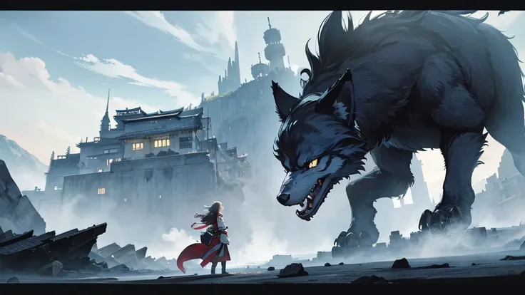 A girl with a giant wolf monster,A Broken World,Collapse,force,castle town,Japanese style