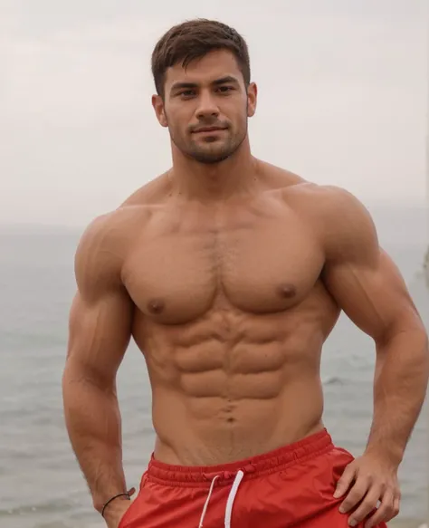 Create a realistic, high-quality photo of a man named Arthur. Arthur is an athletic man with a strong build.. He has short dark hair and a well-groomed beard. He should be shirtless in the photo. (topless), to show off your muscular shoulders, chest and to...