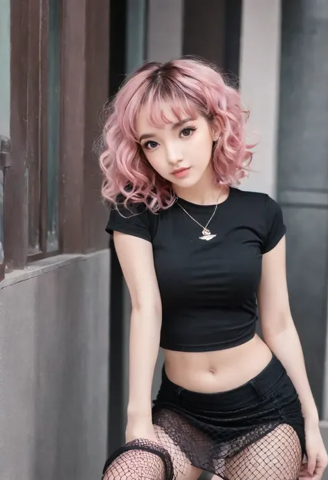 cute girl much lighter skin that brown skin brown eyes pink hair short hair curly hair black skirt black t-shirt thin waist medium hips fishnet tights