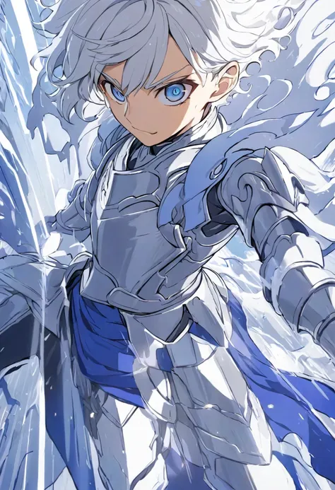 young silver-haired man with blue eyes, wearing a strong sky blue armor, with silver boots, with an electric shadow of silver, b...