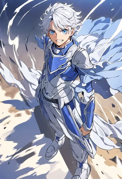 Young silver-haired man with blue eyes, wearing a strong sky blue armor, with silver boots, with an electric shadow of silver, blue rays behind him