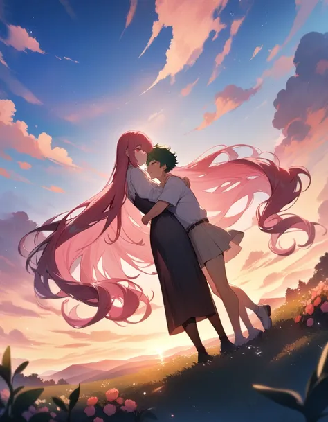 (couple), girl and boy, sky, embrace, happy expression, love, super wide angle, 1girl, (((masterpiece, best quality, scenery, aesthetic, heavenly))), ((girl with red eyes, vibrant pink long hair)), ((intimate)), 1boy, ((boy with green eyes, short black cur...