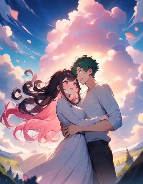 (couple), girl and boy, sky, embrace, happy expression, love, super wide angle, 1girl, (((masterpiece, best quality, scenery, aesthetic, heavenly))), ((girl with red eyes, vibrant pink long hair)), ((intimate)), 1boy, ((boy with green eyes, short black cur...