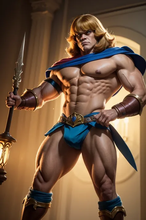 Crie uma imagem do personagem He-Man usando terno e gravata. Ele deve estar em uma pose chique, como se estivesse em um evento formal. The face and hair must be exactly the same as the classic He-Man cartoon style, maintaining your confident and heroic exp...