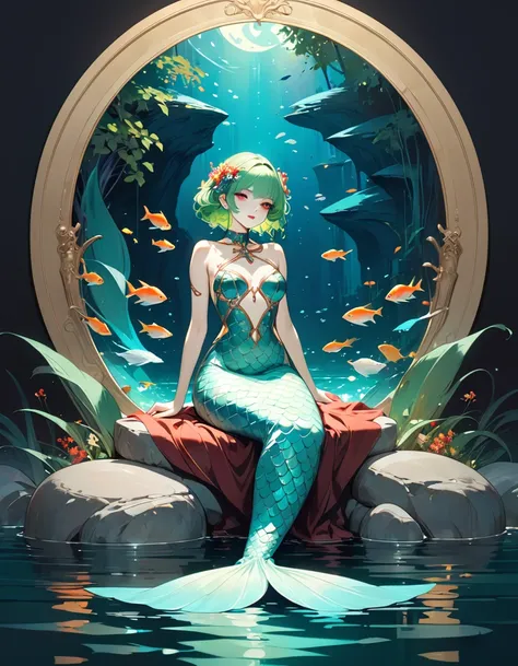 green hair, she is a mermaid with a long tail of fish and very beautiful, she is sitting cheerful and quiet, in the lake with an...