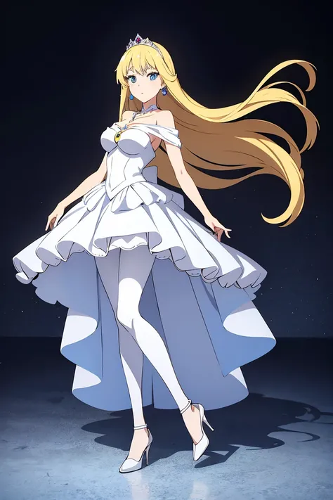 Anime girl with a slim build, princess, long blonde hair, blue eyes, long elegant princess dress, white pantyhose, heels, expensive necklace,  earrings 