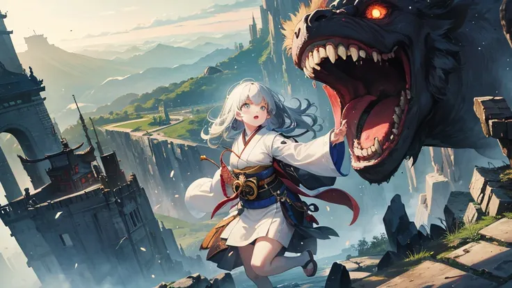 A girl carrying a giant monster with its mouth wide open,A Broken World,Collapse,force,castle town,Japanese style