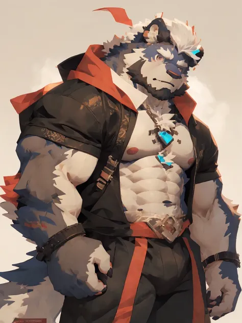 primer plano, de, un, hombre, en, un, chaqueta，Hay un lobo en el cofre., hombre lobo musculoso, Wojtechfors, anime rudo 8K, lobo peludo, pecho peludo, Thick Winter Aesthetic, Hombre lobo sexy moral enojado, furry fantasy art, super awesome and cool, Temas ...