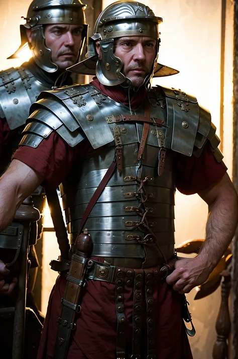 a photo of a rugged man wearing loriseg armor and helmet in an ancient temple interior, red tunic, backlight, dimly lit, cowboy ...