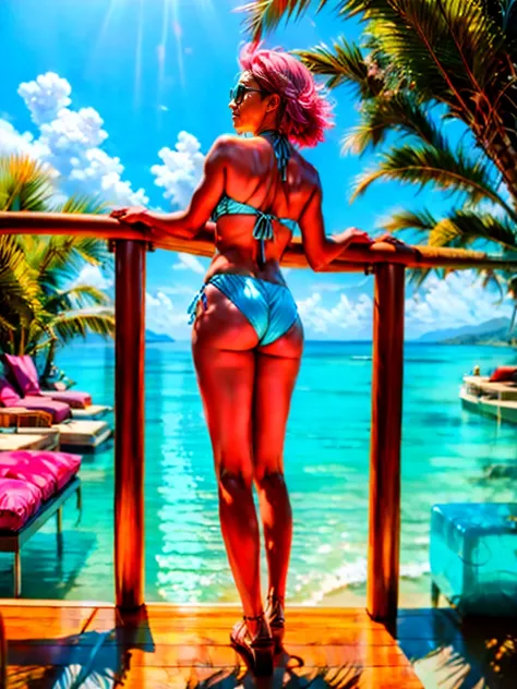 1girl with pink hair, smallest bikini, medium breast, best quality, vivid colors, tropical paradise, crystal clear water, white sandy beach, vibrant atmosphere, warm sunlight, luxury resort, cocktail in hand, relaxing vacation, dreamlike scenery, tranquil ...