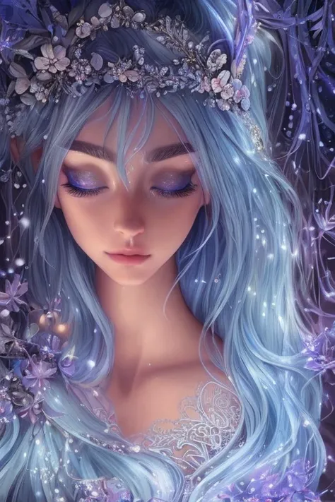 a celestial blue elf, beautiful detailed eyes, beautiful detailed lips, extremely detailed face, long eyelashes, elf ears, ethereal, magical, fantasy, digital painting, intricate details, glowing skin, elegant pose, cinematic lighting, vibrant colors, drea...