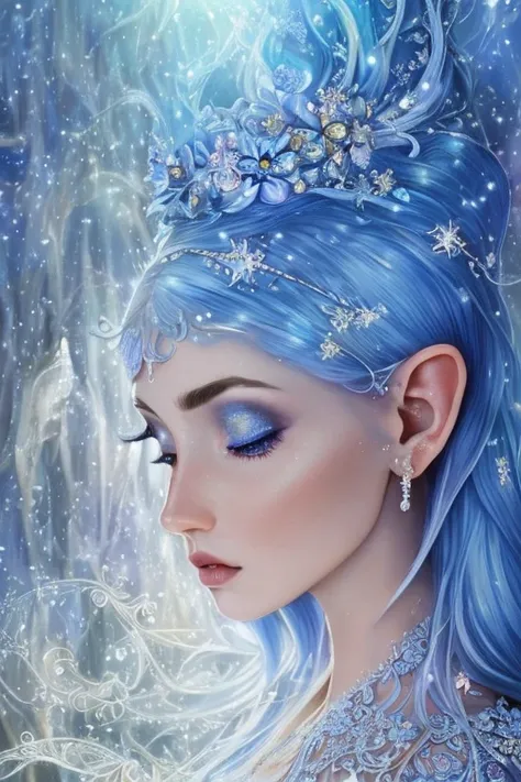 a celestial blue elf, beautiful detailed eyes, beautiful detailed lips, extremely detailed face, long eyelashes, elf ears, ethereal, magical, fantasy, digital painting, intricate details, glowing skin, elegant pose, cinematic lighting, vibrant colors, drea...