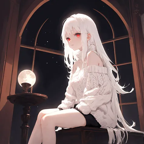 a young girl, shoulder length white hair, dark red eyes, wearing a fluffy white sweater and black shorts. she is sitting on an edge in a white room. there is a window in the room, the moon is shining through it. 