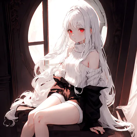 a young girl, shoulder length white hair, dark red eyes, wearing a fluffy white sweater and black shorts. she is sitting on an edge in a white room. there is a window in the room, the moon is shining through it. 