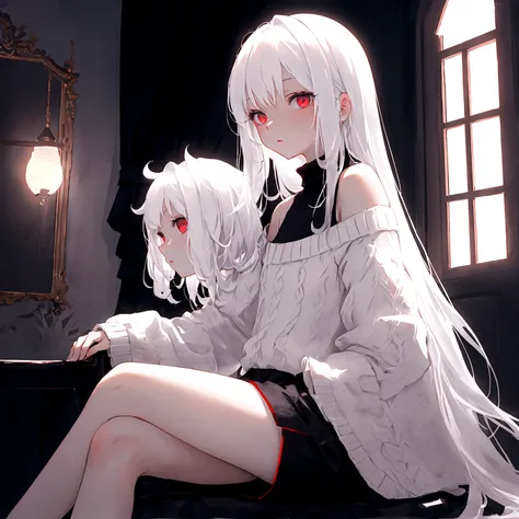 a young girl, shoulder length white hair, dark red eyes, wearing a fluffy white sweater and black shorts. she is sitting on an edge in a white room. there is a window in the room, the moon is shining through it. 