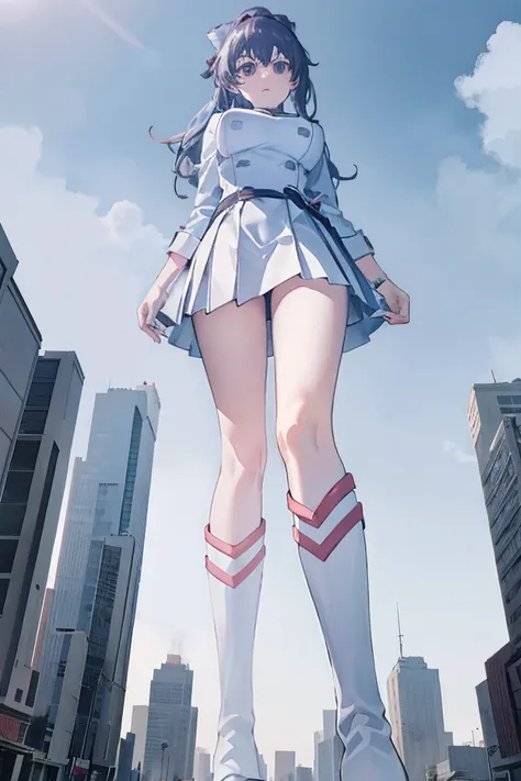 Girl taller than the building，from below, round and large eyes、tallgts,giantess，Full body photo，BuildingSeat, white uniform，Big breasts，pencil skirts，，white boots，cleveage of the breast、a miniskirt、Modern miniature buildings、top-quality、Watercolor style、st...