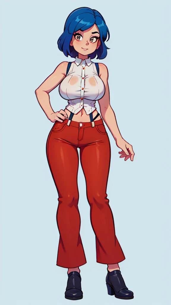 A tall woman, sexy, big breast, beautiful, happy, confident, with short bright blue hair and orange eyes, wearing a white sleeveless button-down shirt, showing her navel and dark blue pants underneath, and wearing a red kitten heel.