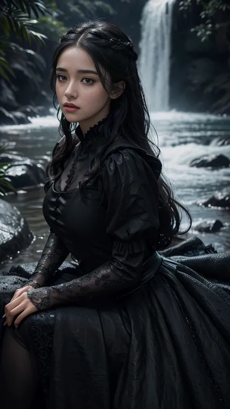 HDR 10, beautiful girl, detailed eyes, detailed lips, very long hair, black hair, ultra detailed texture, water drops, outdoors, game of thrones, black heavy dress, (high detailed black dress:1.5), lace, loops, soft lighting, attractive poses,