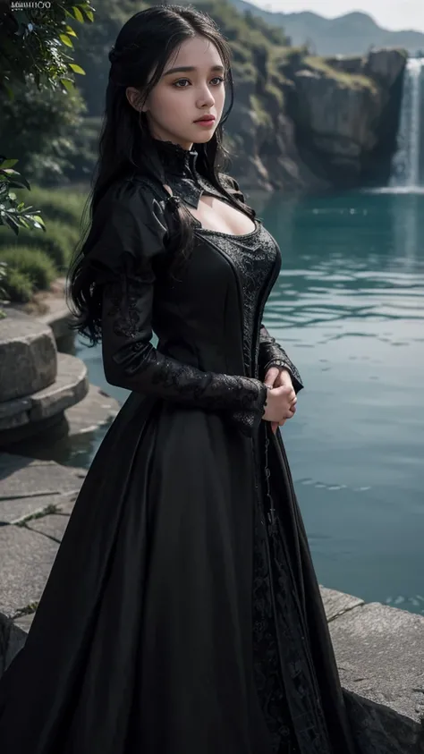 HDR 10, beautiful girl, detailed eyes, detailed lips, very long hair, black hair, ultra detailed texture, water drops, outdoors, game of thrones, black heavy dress, (high detailed black dress:1.5), lace, loops, soft lighting, attractive poses,