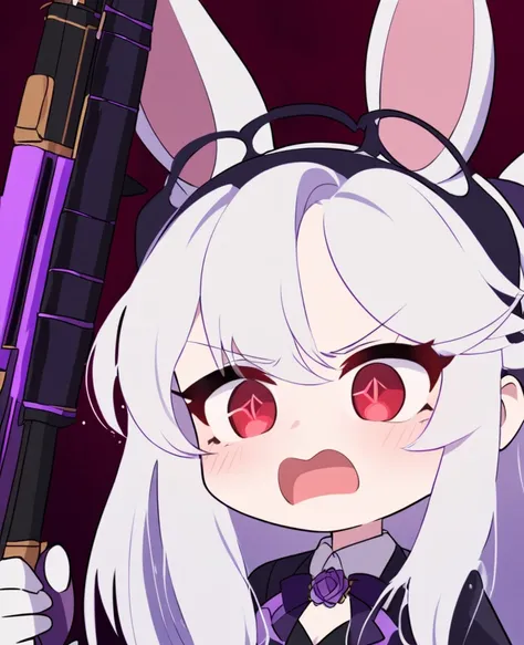 Make me a RWBY OC. She is a bunny faunus girl. Her weapon being these purple machine guns. Shes shy and quiet, but gets angry and hot-blooded in battle. She has long white hair and red eyes. Draw in RWBY Ice Queendom artstyle. She wears a dark and purple s...