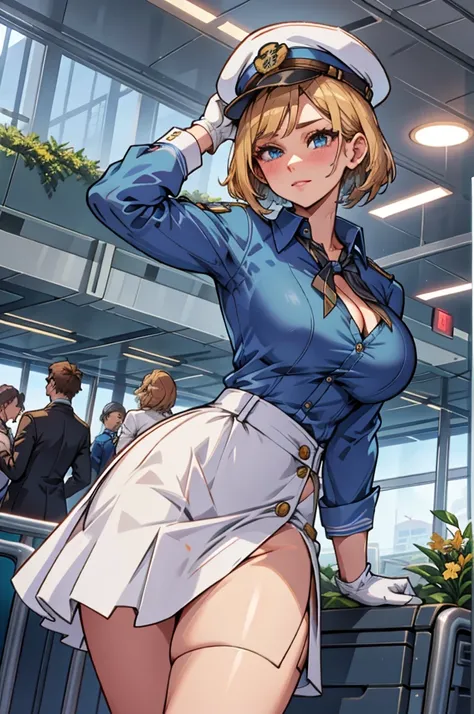 score_9, score_8_up, score_7_up, BREAK extremely detailed, 2d, solo, stewardess, unbuttoned blue blouse, cleavage, white skirt, gloves, cap, (smile:0.5), indoors, airport, facing viewer, frontal image, one hand at waist.