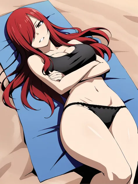 Erza,  red hair, navel,  crop top, black panties, tank top, collarbone, 1girl, bare shoulders, midriff,cleavage, hair over one eye, large breasts, underwear, long hair,animerza,
beach, sunset, full body, looking at viewer, laying down, ,covered chest, cros...