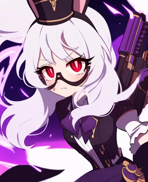 Make me a RWBY OC. She is a bunny faunus girl. Her weapon being these purple machine guns. Shes shy and quiet, but gets angry and hot-blooded in battle. She has long white hair and red eyes. Draw in RWBY Ice Queendom artstyle. She wears a dark and purple s...