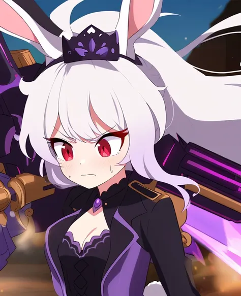 Make me a RWBY OC. She is a bunny faunus girl. Her weapon being these purple machine guns. Shes shy and quiet, but gets angry and hot-blooded in battle. She has long white hair and red eyes. Draw in RWBY Ice Queendom artstyle. She wears a dark and purple s...