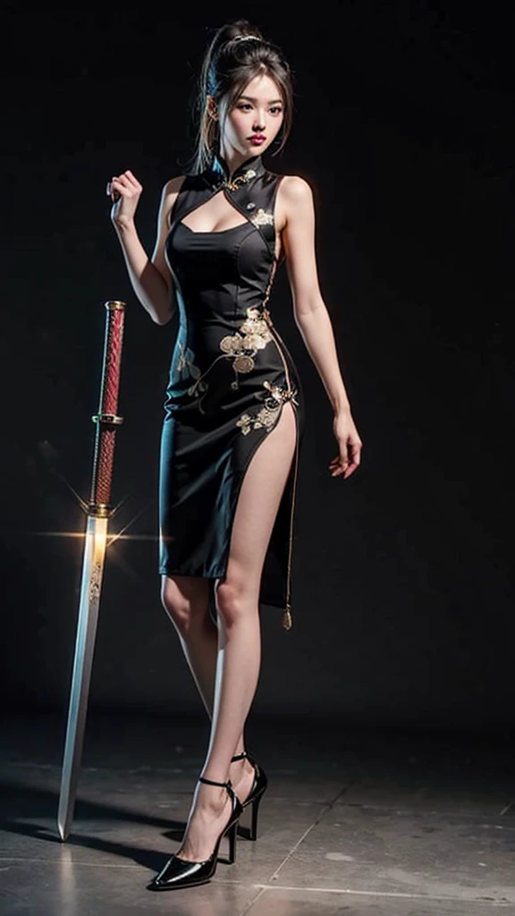 A girl wearing a black and gold short qipao，Wear a high ponytail，Close-up shot of woman in black high heels holding samurai sword for fighting，Full body close-up