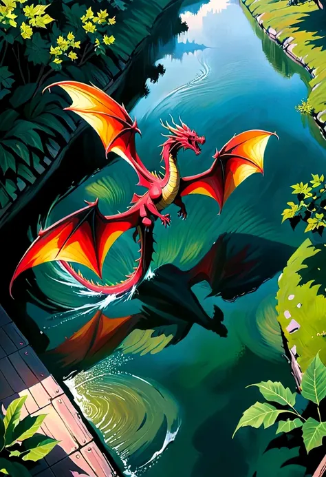 ((picture taken from above of  dragon: 1.5)), digital art, arafed, a picture of a dragon flying above a river, its shadow is cast on the water dragon wings spread wide, dynamic color dragon, you see the back of the dragon, its majestic wings, its tail and ...