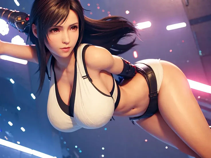 Tifa vestida de la princesa leia, cuerpo entero, pose sensual, culo redondo, big breasts and light brown eyes. 8K, mejor calidad, obra maestra