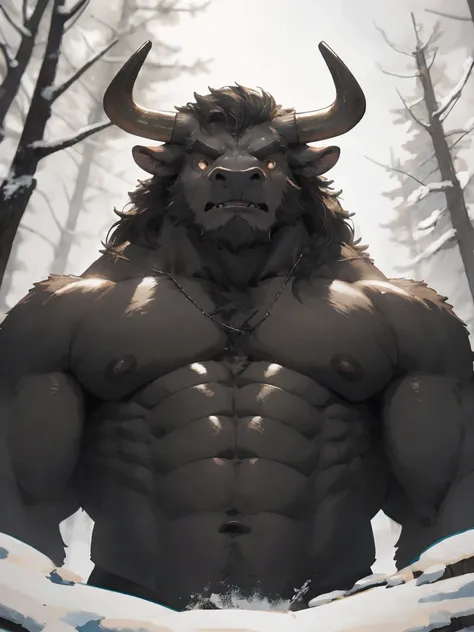 Minotaur, solo, muscular, perfect_eyes, perfect_face, abs, big_chest,wide_body, muscular_arms, winter, snowforest_background, solo, minotaur, theets, angry, half_body, close_up, low_angle, manly, man, muscular, brown_horns, big_eyes, orange_eyes, glowing_e...