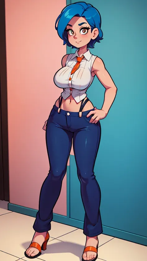 A tall woman, sexy, big breast, beautiful, happy, short bright blue hair, orange eyes, wearing a white sleeveless button-down shirt, showing her navel, and dark blue pants underneath, wearing a red kitten heel.