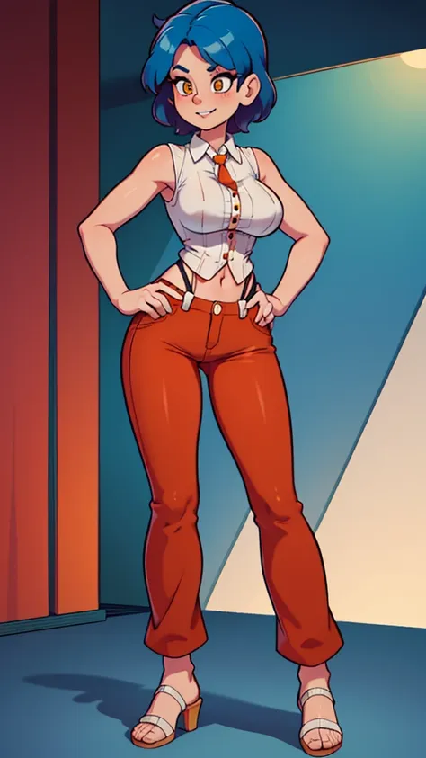 A tall woman, sexy, big breast, beautiful, happy, short bright blue hair, orange eyes, wearing a white sleeveless button-down shirt, showing her navel, and dark blue pants underneath, wearing a red kitten heel.