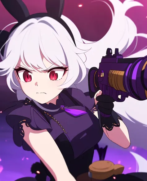 Make me a RWBY OC. She is a bunny faunus girl. Her weapon being these purple machine guns. Shes shy and quiet, but gets angry and hot-blooded in battle. She has long white hair and red eyes. Draw in RWBY Ice Queendom artstyle. She wears a dark and purple s...